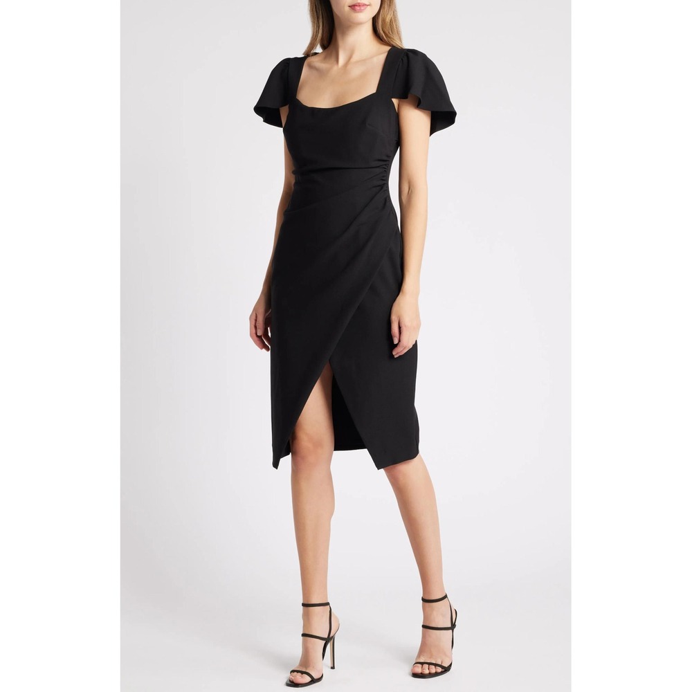 Black Halo Short Sleeve Ruched Tulip Sheath Dress Black Size 4